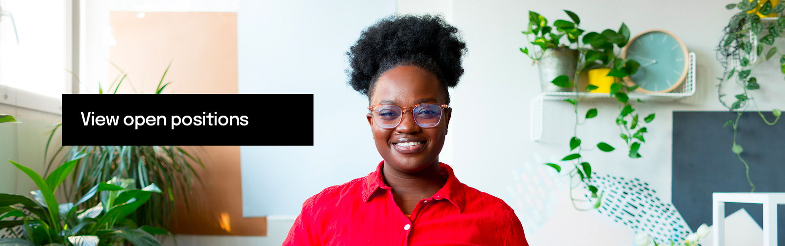 Picture of young woman  with a button that says, "View open positions."